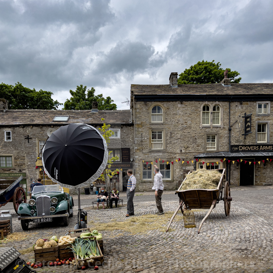 "Grassington Cobbled Market Square During a Days Filming." stock image