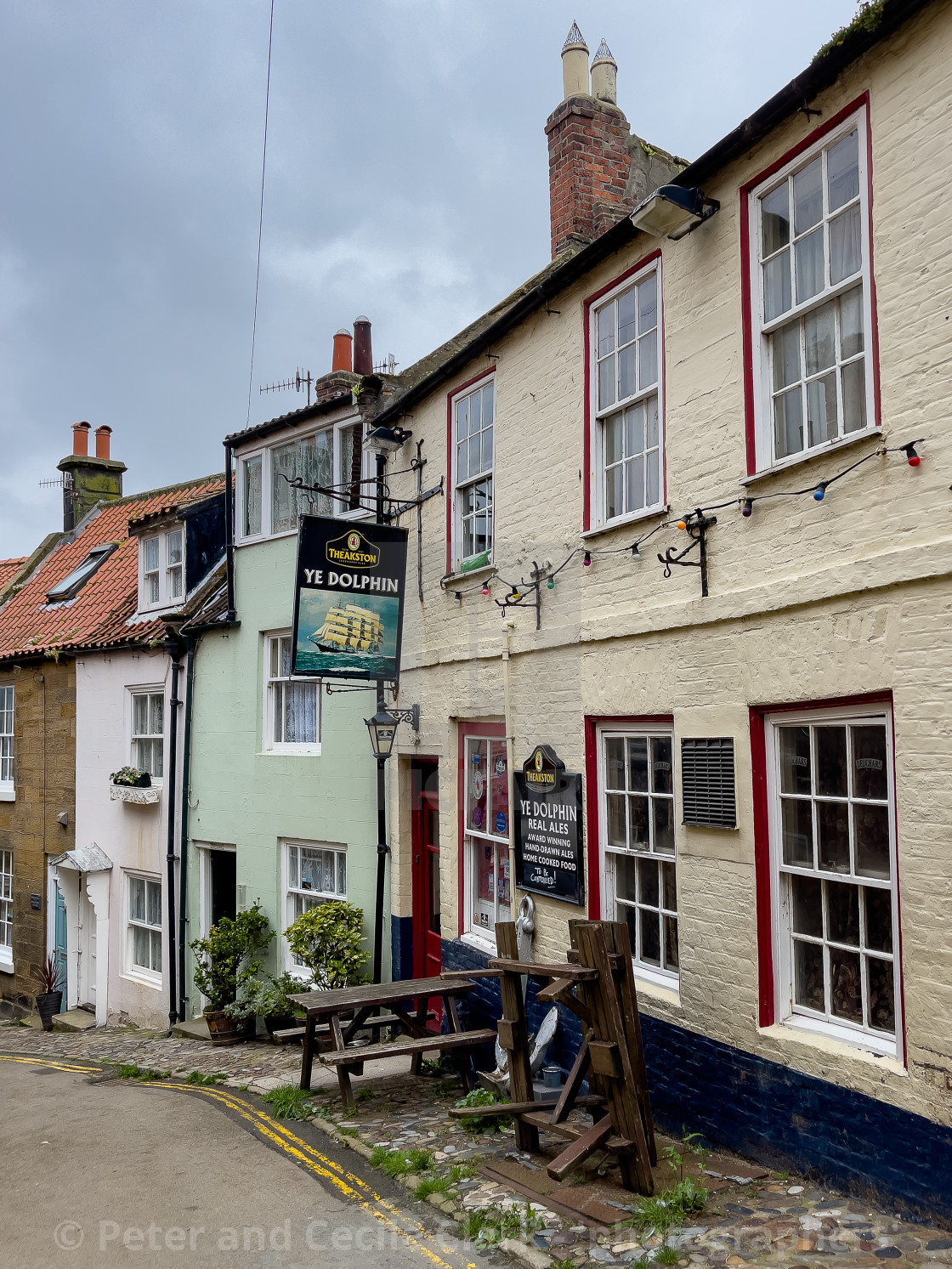 "Robin Hoods Bay, Ye Dolphin." stock image