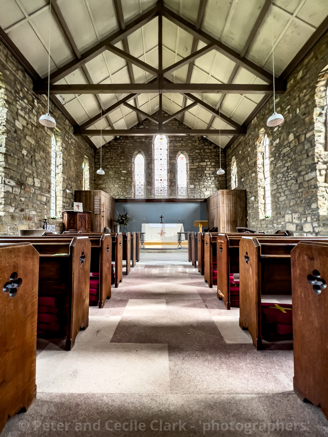 "St Mary and St Laurence Church, Pews and Interior." stock image