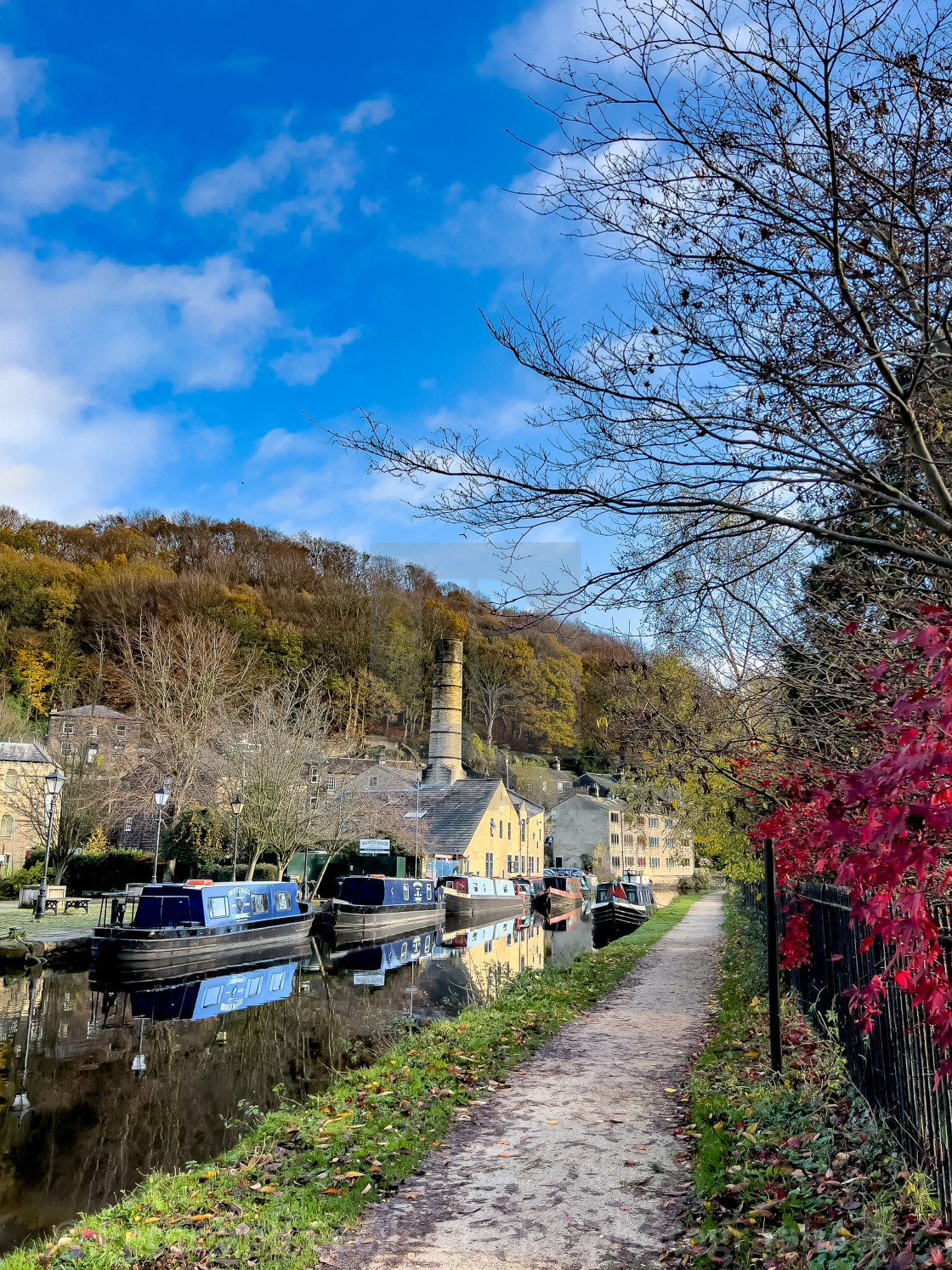 "Rochdale Canal and Barge, Hebden Bridge" stock image