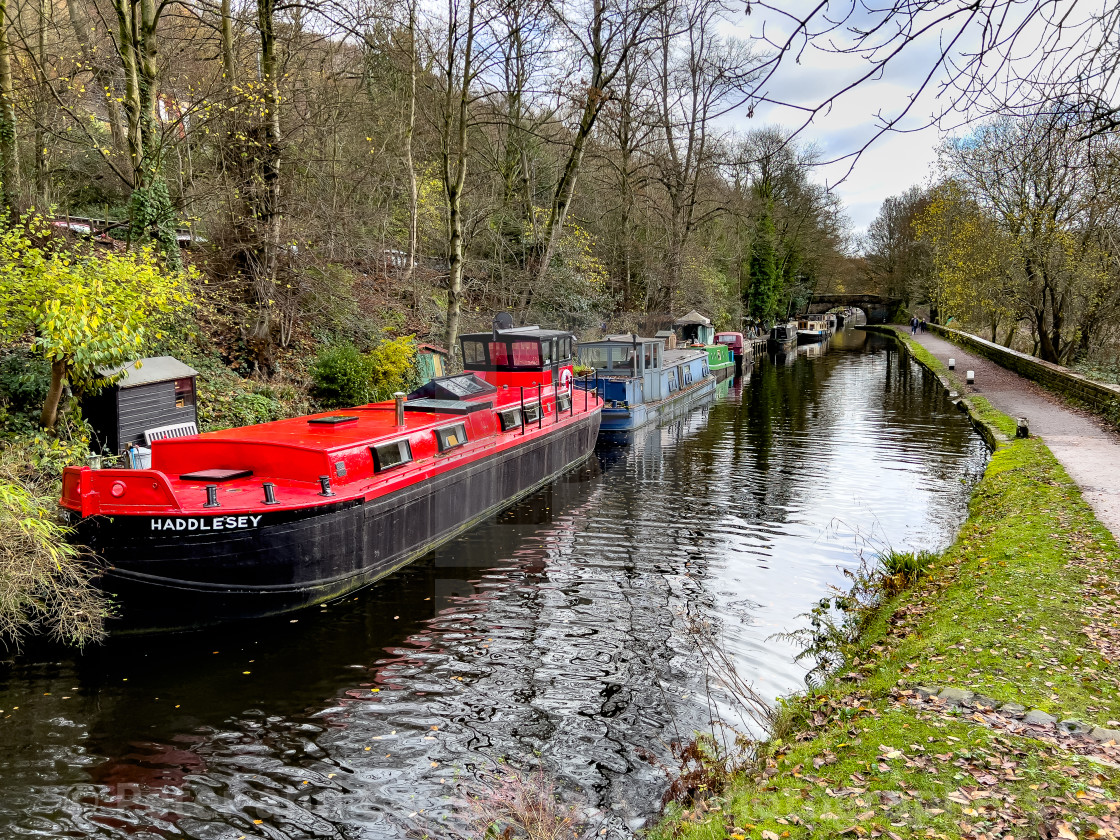 "Rochdale Canal and Barge, Hebden Bridge." stock image