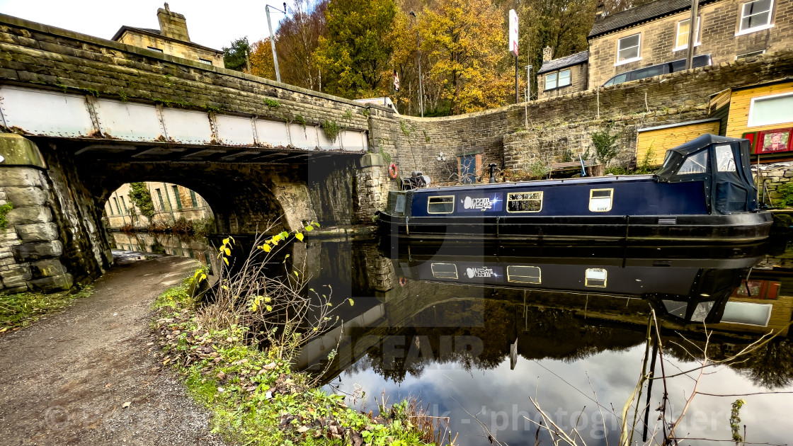 "Rochdale Canal and Barge, Hebden Bridge." stock image