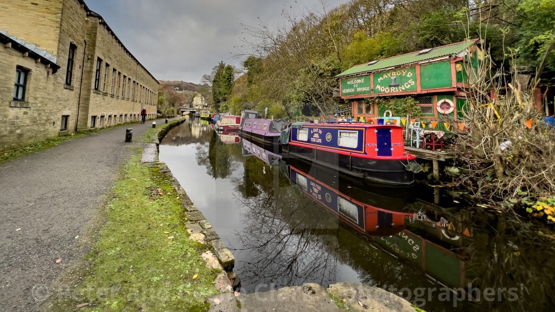 "Rochdale Canal and Barge, Hebden Bridge." stock image