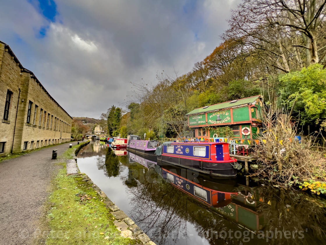 "Rochdale Canal and Barge, Hebden Bridge." stock image