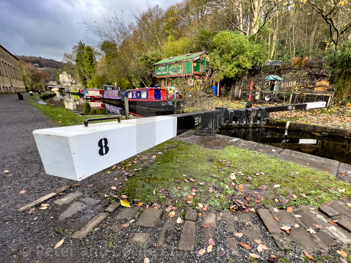 "Rochdale Canal and Lock Gates, Hebden Bridge." stock image