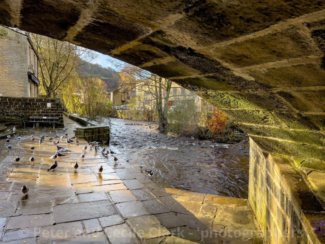 "Hebden Bridge, view from under Pack Horse Bridge." stock image