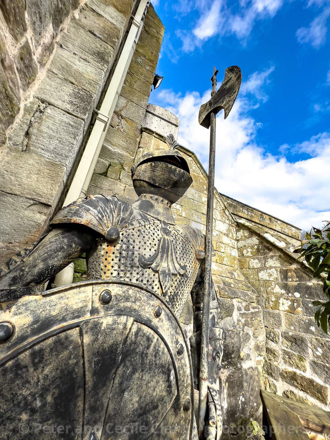 "Knight in Armour with Pike, Priests House, Barden." stock image