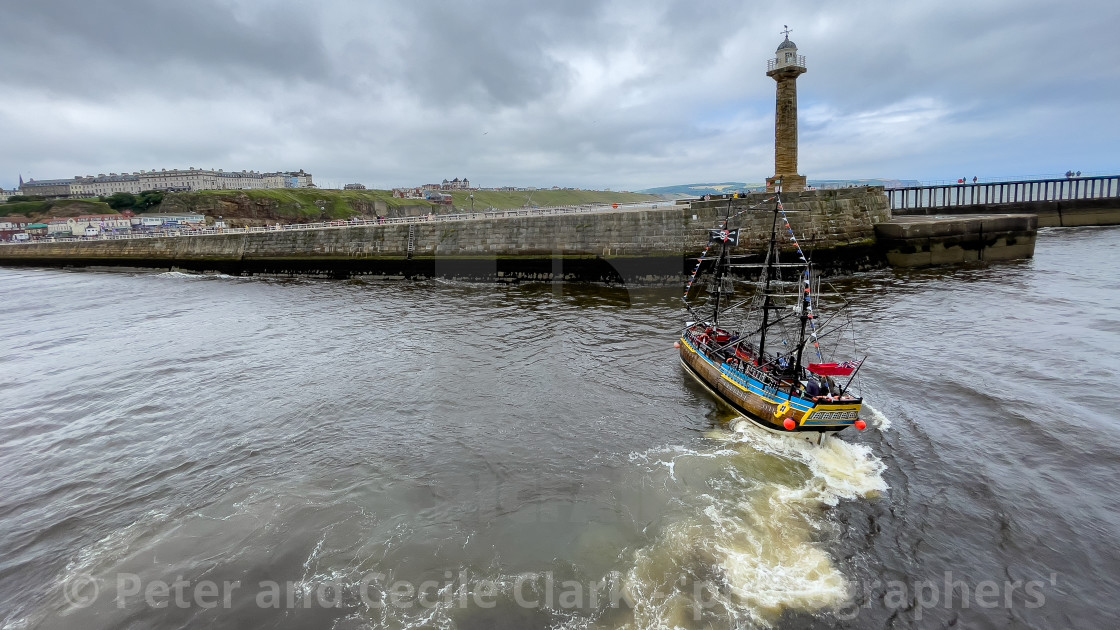 "HM Bark Endeavour Replica in Whitby Harbour." stock image