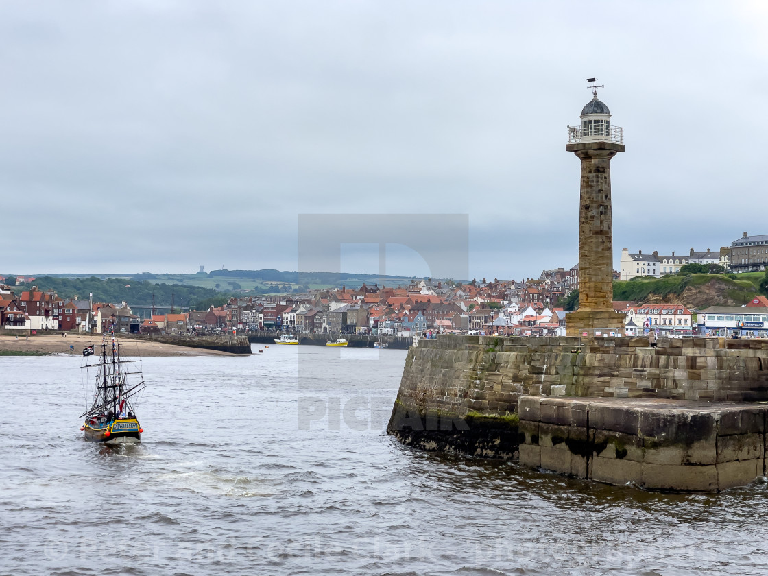 "HM Bark Endeavour Replica in Whitby Harbour." stock image