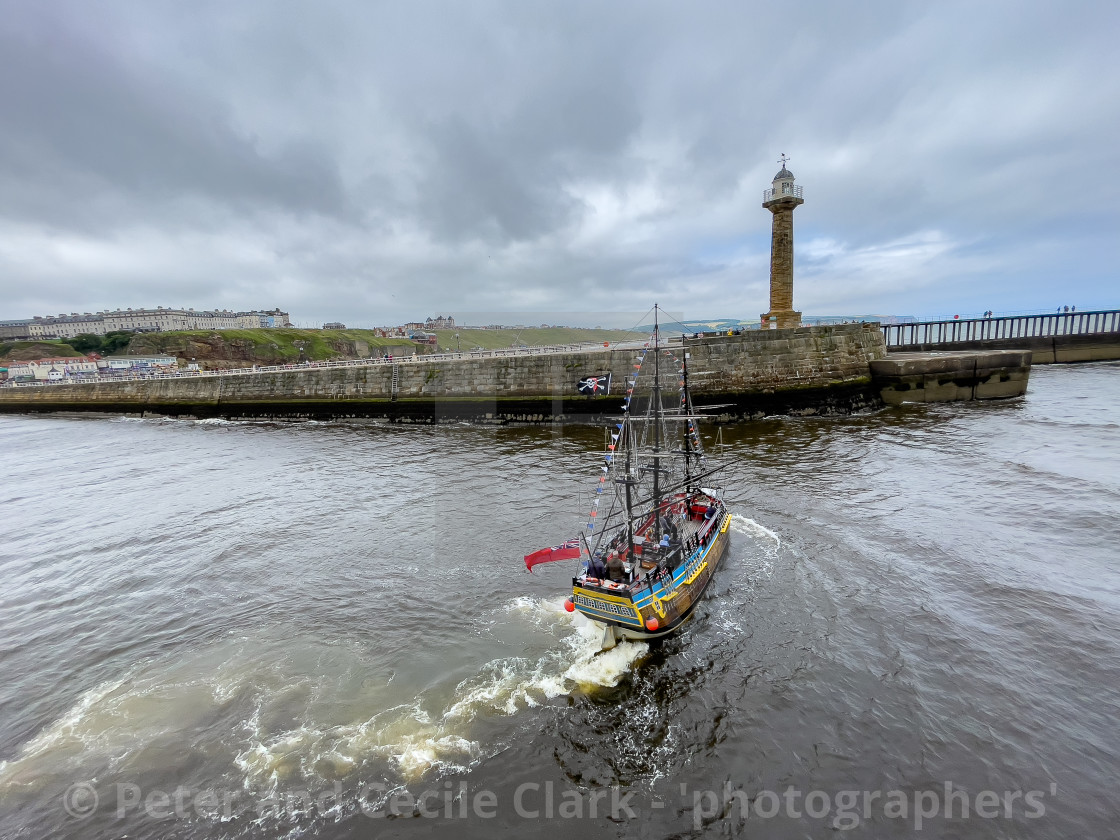 "HM Bark Endeavour Replica in Whitby Harbour." stock image