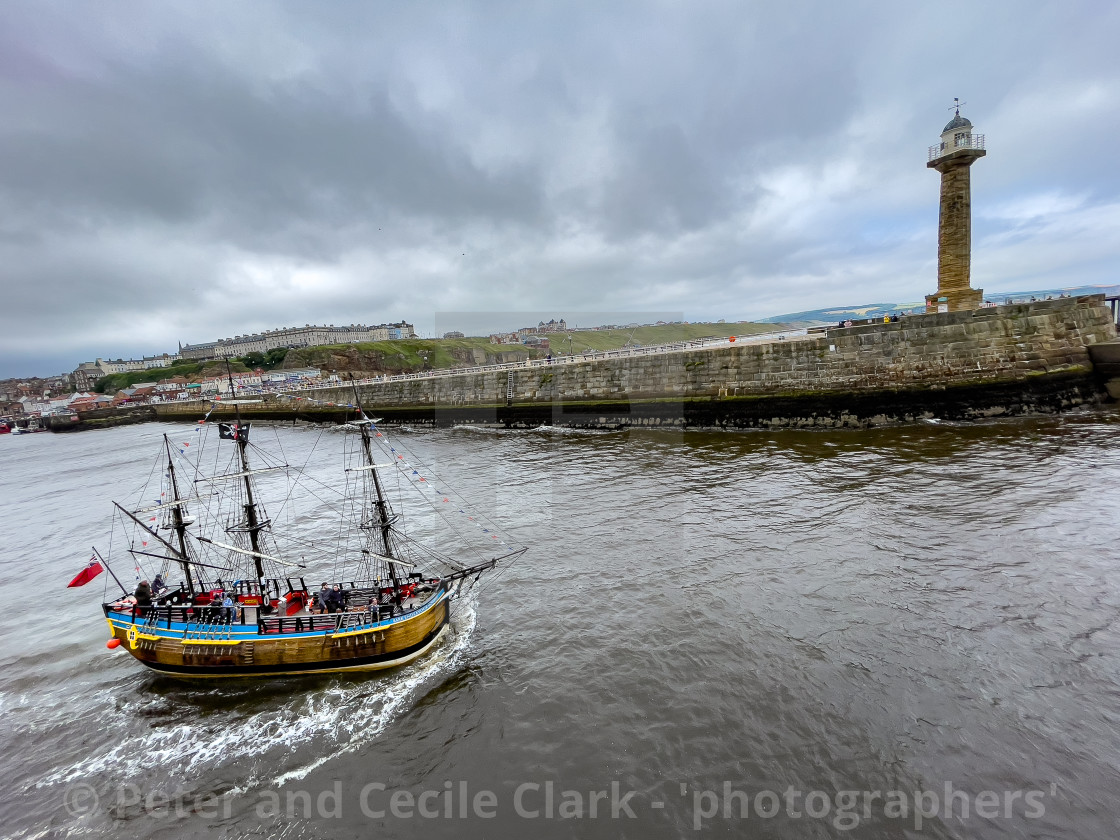 "HM Bark Endeavour Replica in Whitby Harbour." stock image