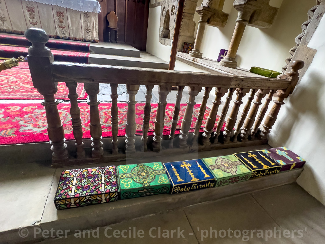 "Wensley Holy Trinity Church, Lower Wensleydale, Yorkshire, England. Prayer Kneelers" stock image