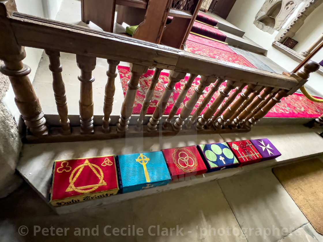 "Wensley Holy Trinity Church, Lower Wensleydale, Yorkshire, England. Prayer Kneelers" stock image