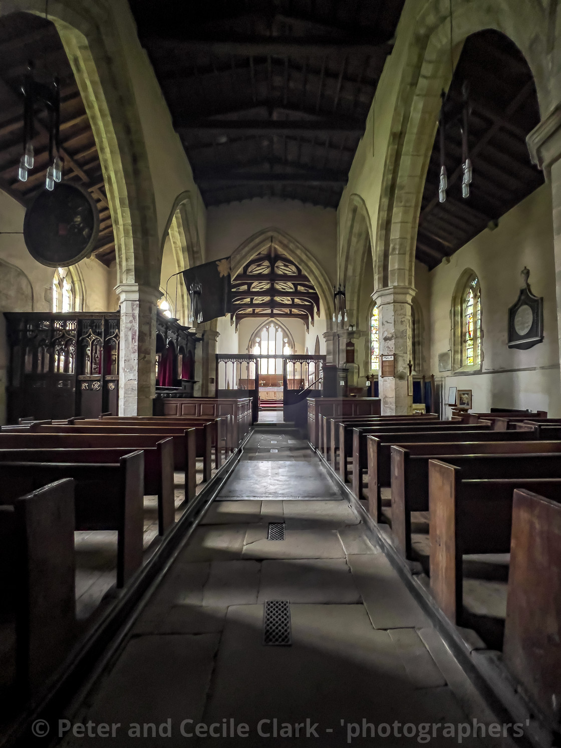 "Wensley Holy Trinity Church, Internal Stone Arches and Pews." stock image