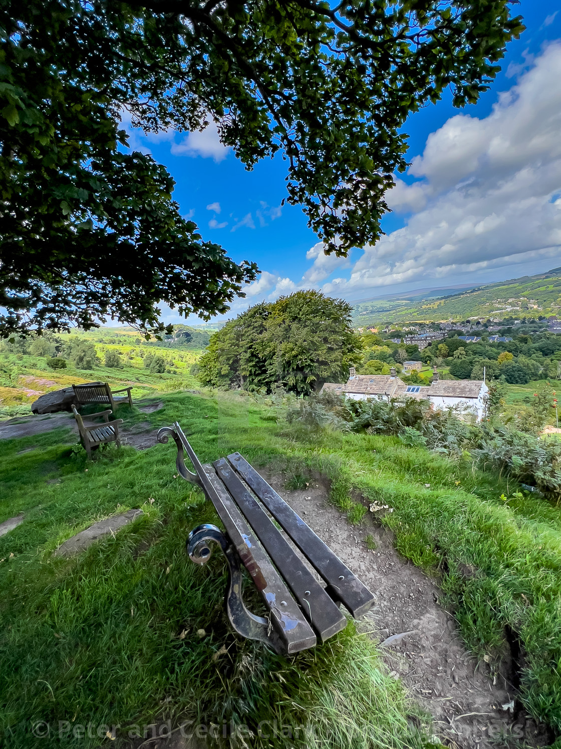 "Ilkley Moor, Bench Seat with view." stock image