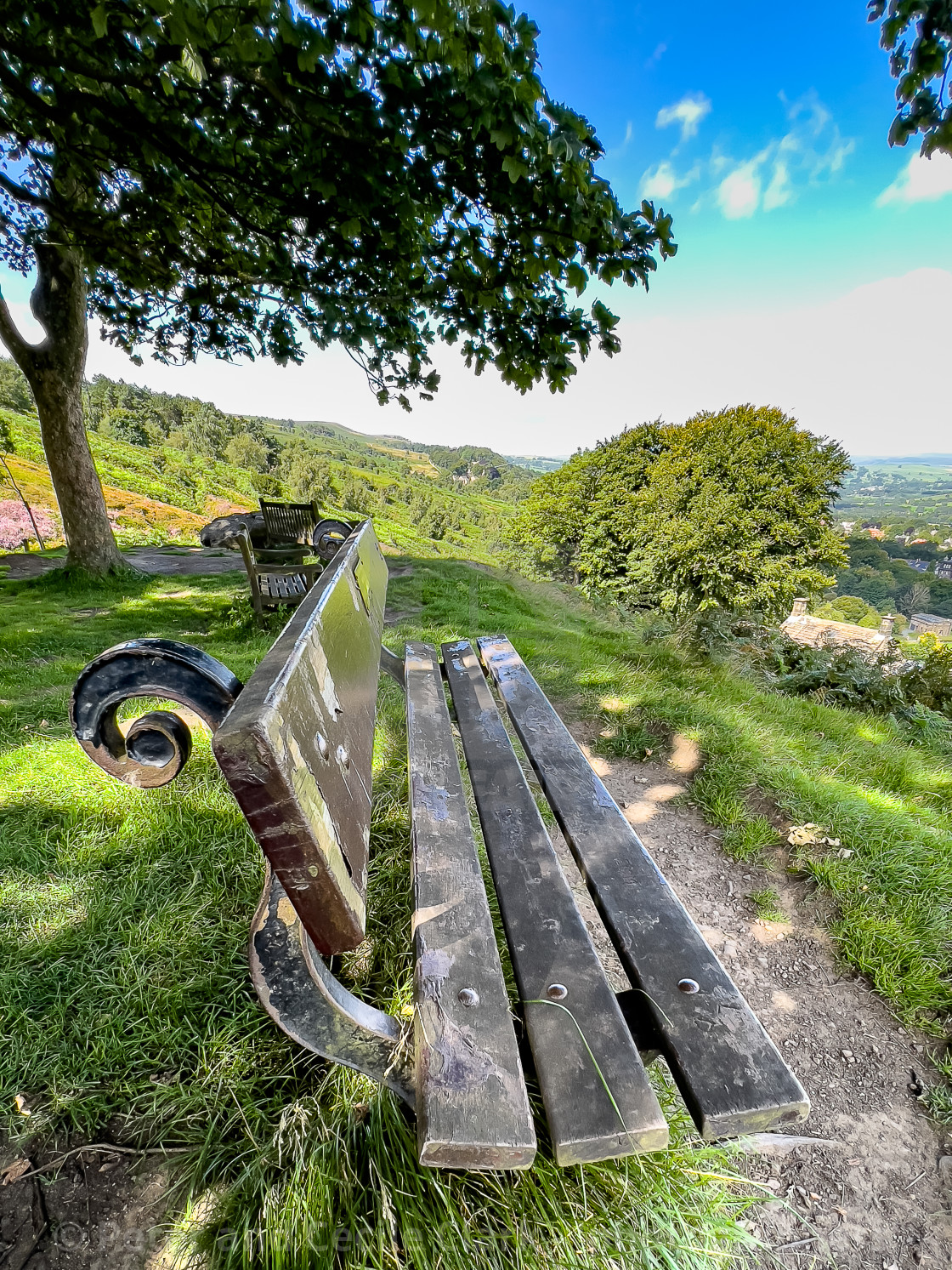 "Ilkley Moor, Bench Seat with view." stock image