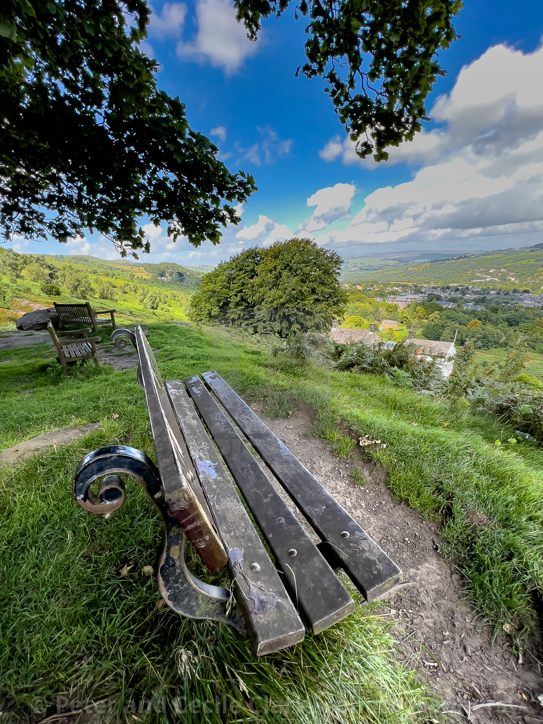 "Ilkley Moor, Bench Seat with view." stock image