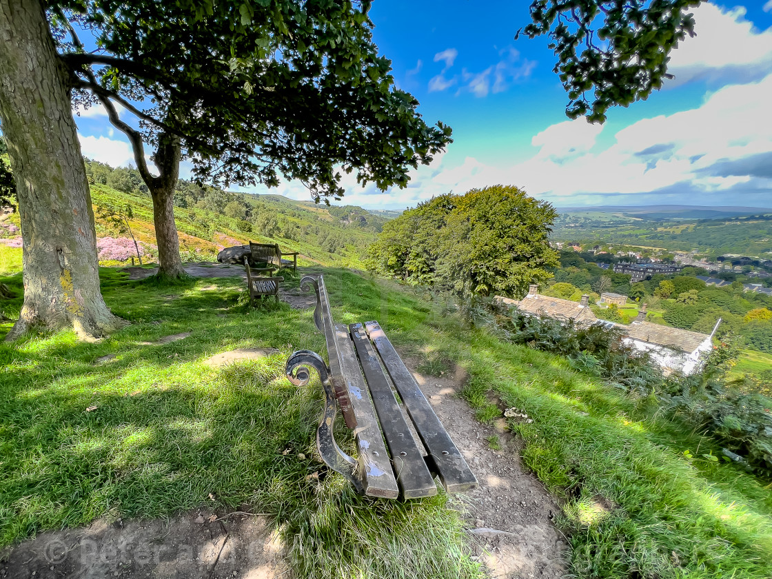 "Ilkley Moor, Bench Seat with view." stock image