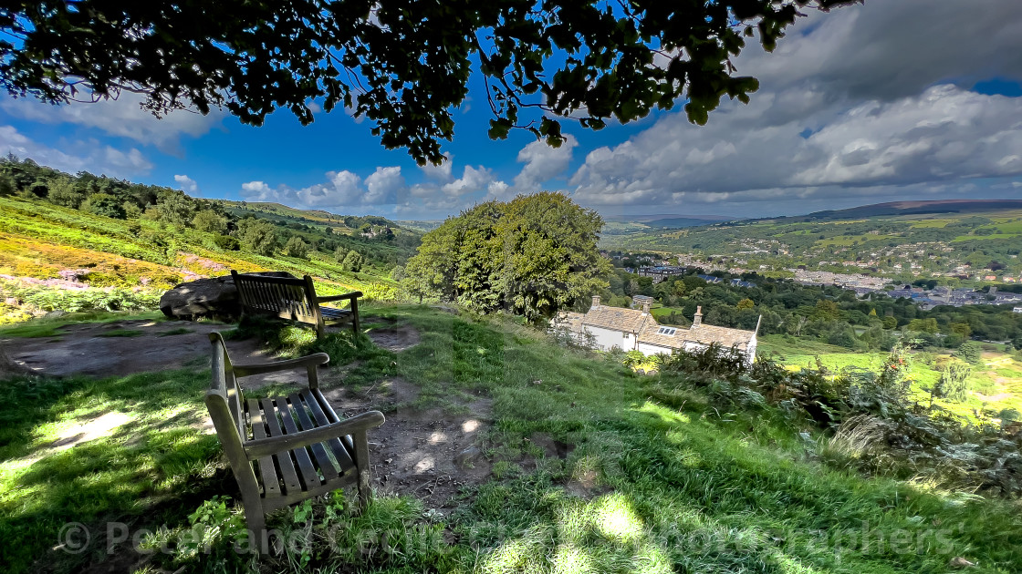 "Ilkley Moor, Bench Seat with view." stock image