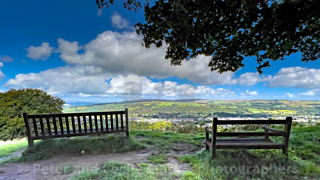 "Ilkley Moor, Bench Seat with view." stock image