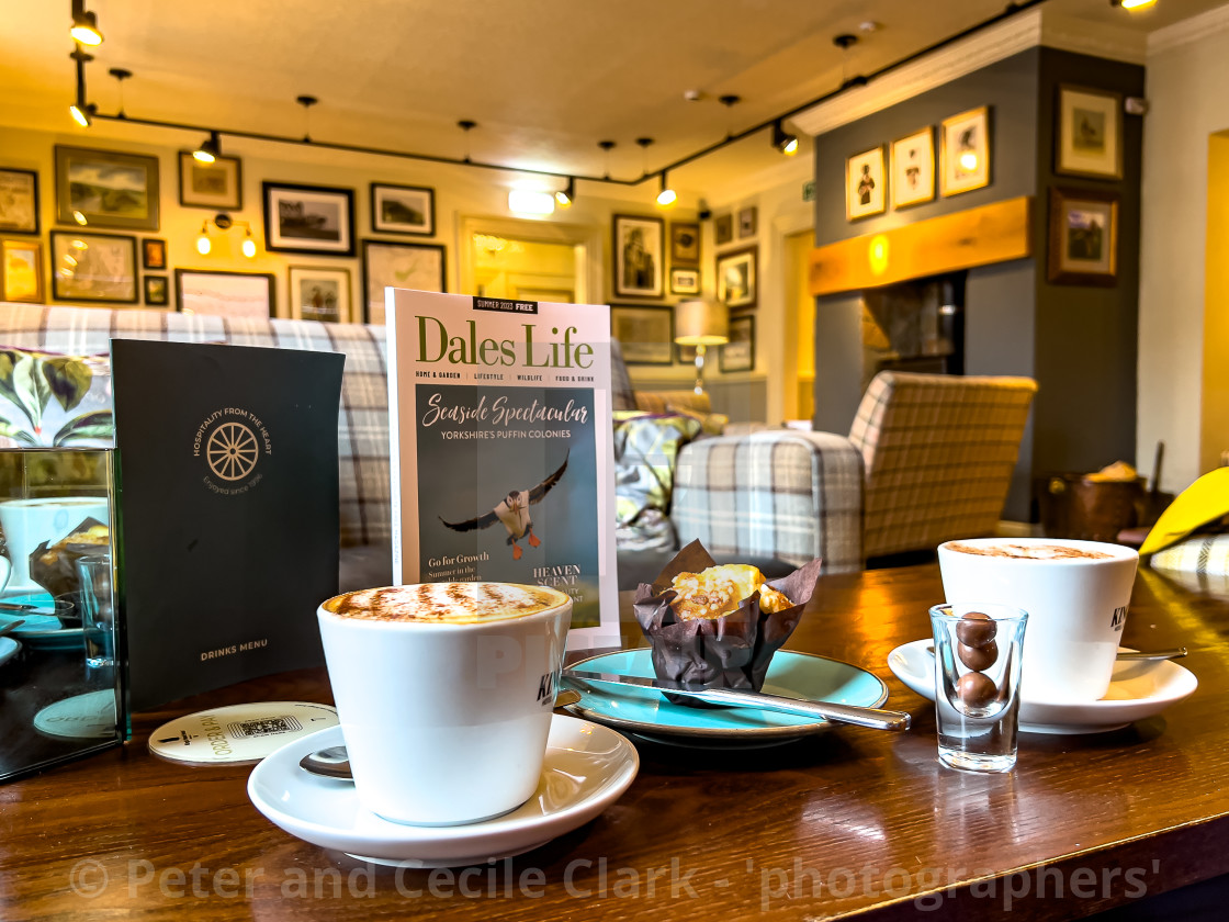 "Richmond, North Yorkshire, relaxing with coffee." stock image