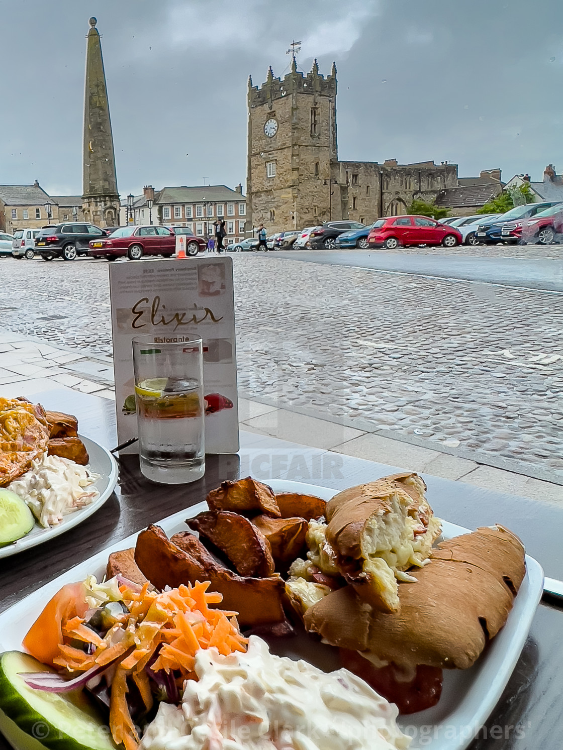 "Richmond, North Yorkshire, Window view from the Elixir Ristotante." stock image