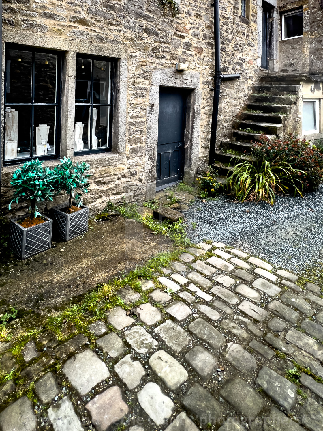 "Cobbled Courtyard in Grassington, Yorkshire Dales." stock image