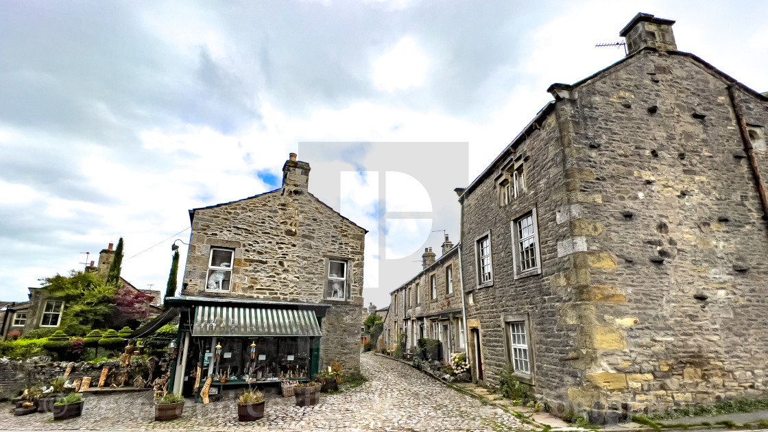 "Grassington Shop and Cobbled Street, Yorkshire Dales." stock image