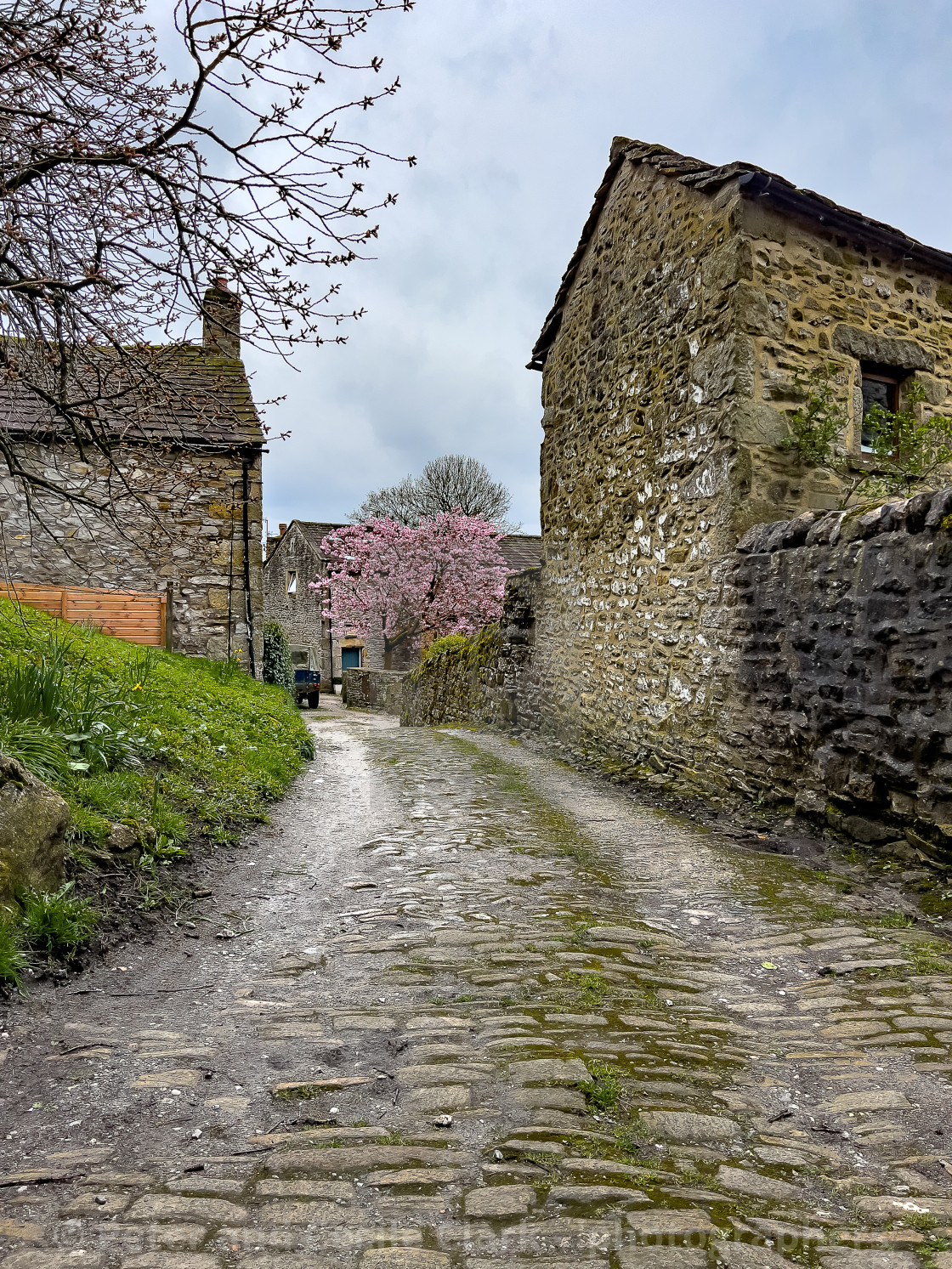 "Grassington Cobbled Street in Spring, Yorkshire Dales." stock image