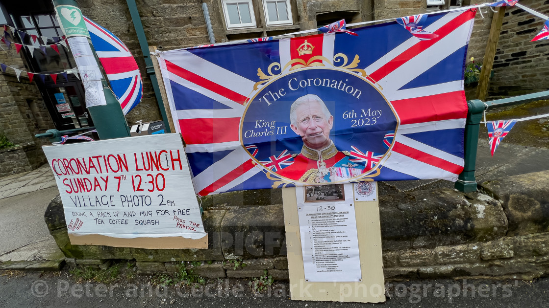 "Grassington Town Hall, Yorkshire Dales, Dressed for Coronation King Charles 111." stock image