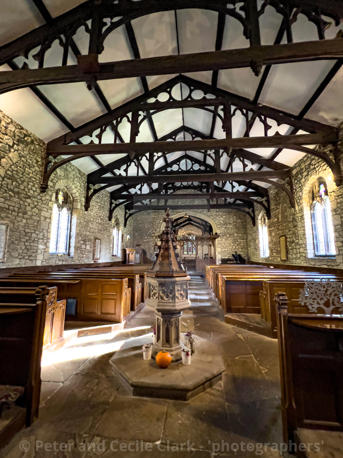"Font and cover at the Church of Saint Oswald, Arncliffe, Littondale." stock image