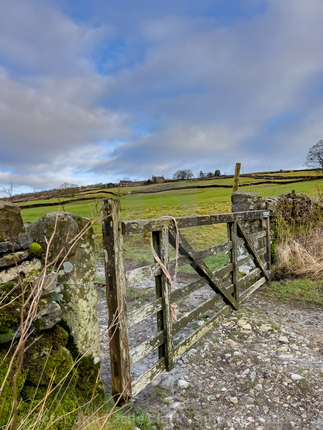 "Field Gate next to Moor Lane, above the Yorkshire Dales village of Grassington." stock image