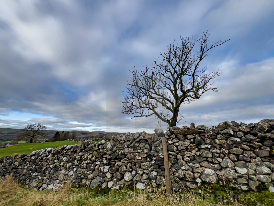 "Dry Stone Wall next to Moor Lane, above the Yorkshire Dales village of Grassington." stock image