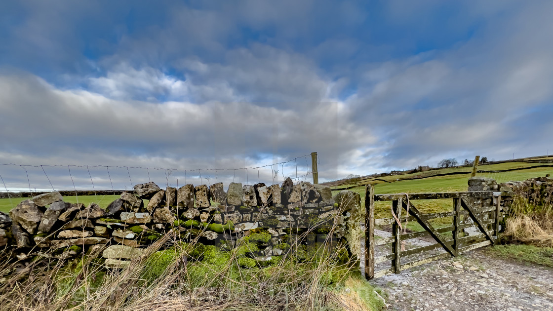 "Field Gate next to Moor Lane, above the Yorkshire Dales village of Grassington" stock image