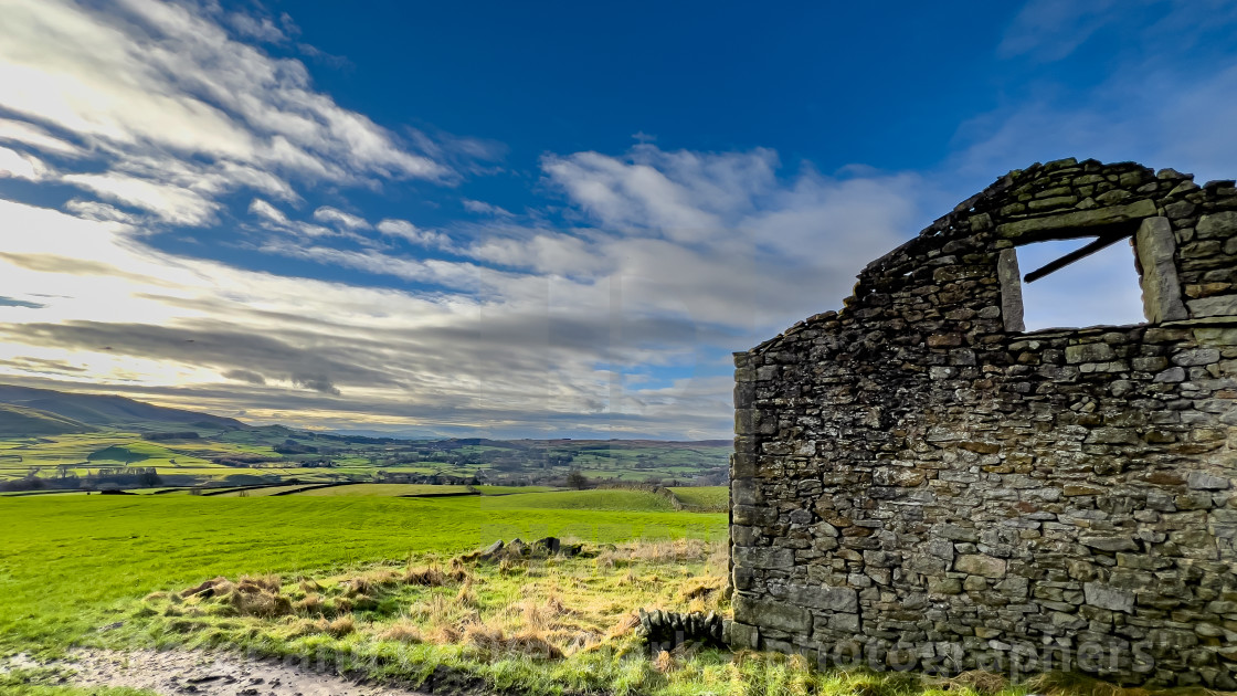 "Derelict Stone Built Farmhouse and Barn near Edge Lane, near Grassington, Yorkshire Dales, England. UK." stock image