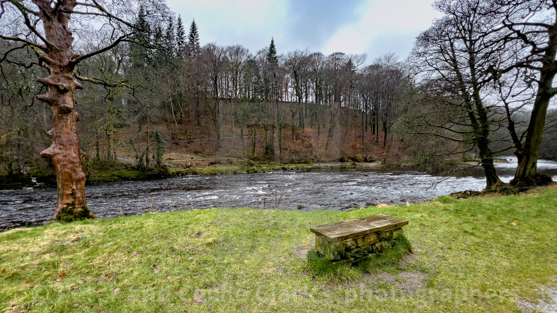 "Stone seat on the banks of the River Wharfe near Bolton Abbey in the Yorkshire Dales, England, UK. Photographed 1st March 2024" stock image