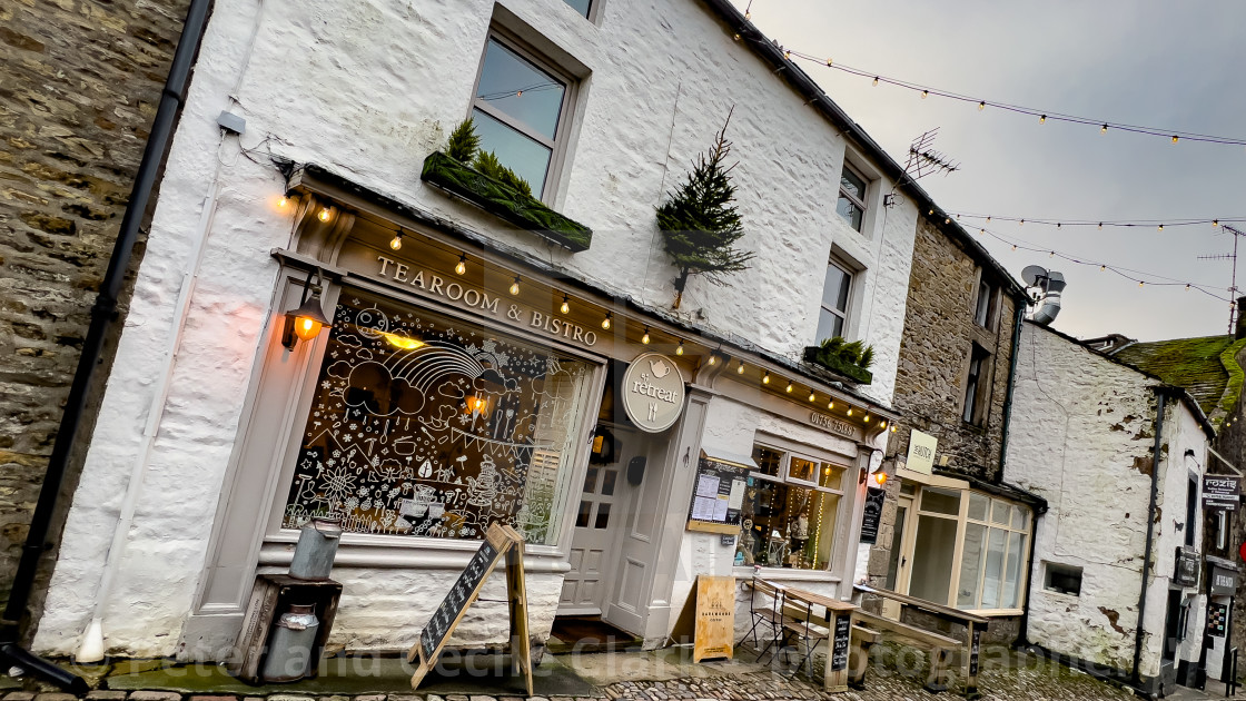 "Grassington Tearoom and Bistro with Christmas tree, Yorkshire Dales." stock image