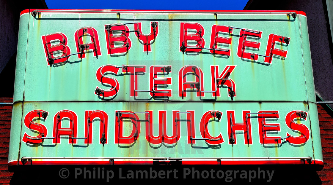 "Baby Beef Steak Sandwiches Vintage Neon" stock image