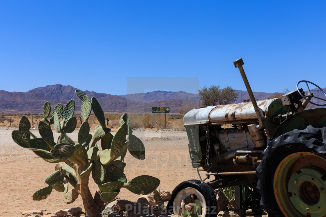 "Old tractor and cactus at Solitare, Namibia" stock image