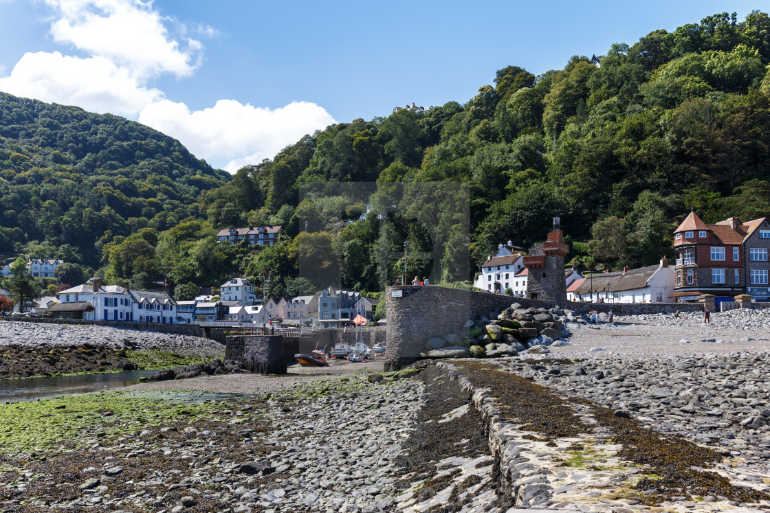 "Lynmouth harbour view from the beach at low tide" stock image