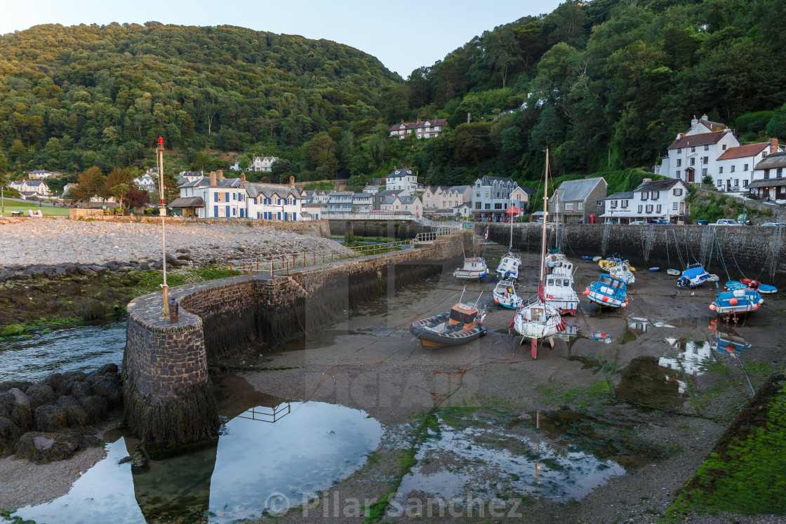 "Lynmouth harbour in the evening with low tide" stock image