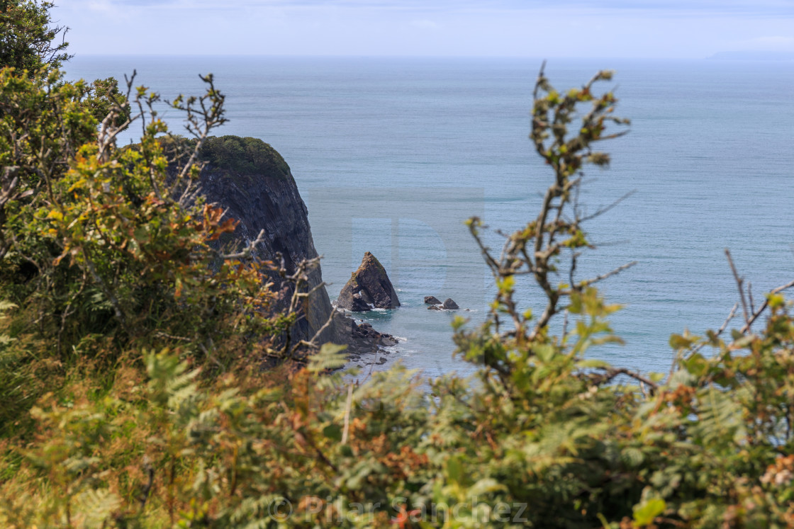 "Blackchurch rock view from coastal path, North Devon" stock image