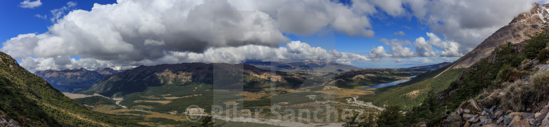 "Panorama from Laguna de Los Tres, valley and lakes view" stock image