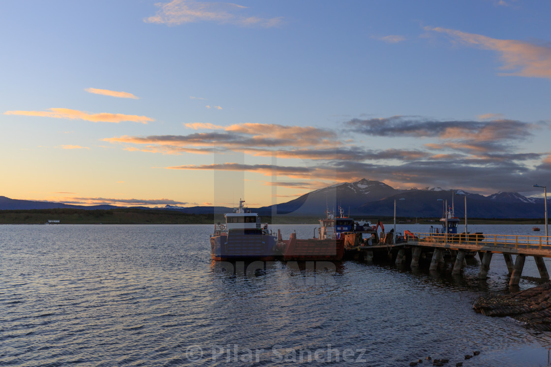 "Puerto Natales pier at dusk, Patagonia, Chile" stock image