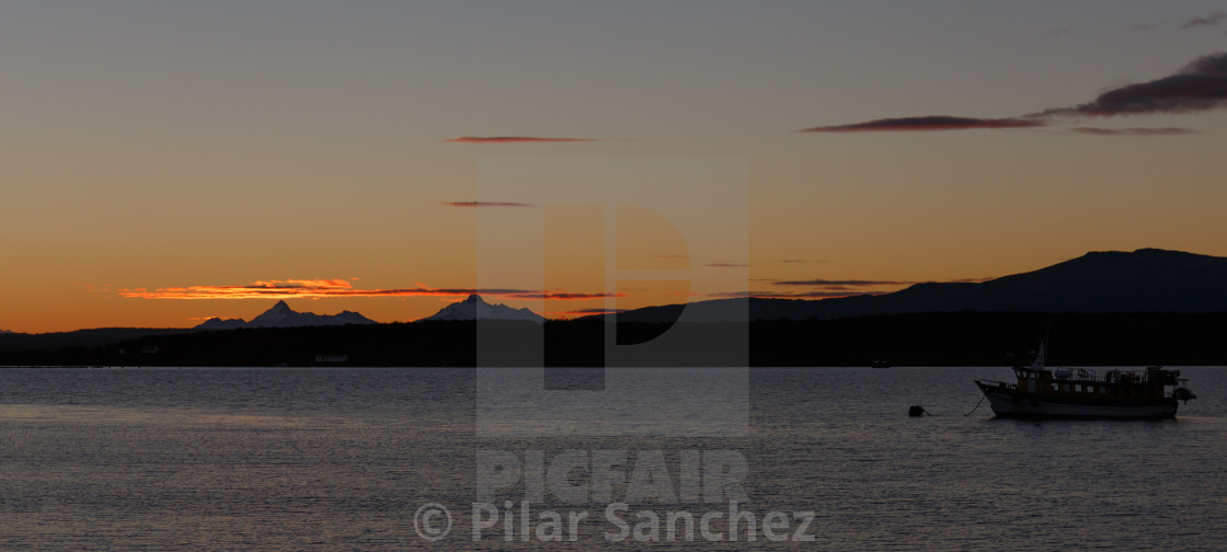 "Sunset, Puerto Natales waterfront, Patagonia, Chile" stock image