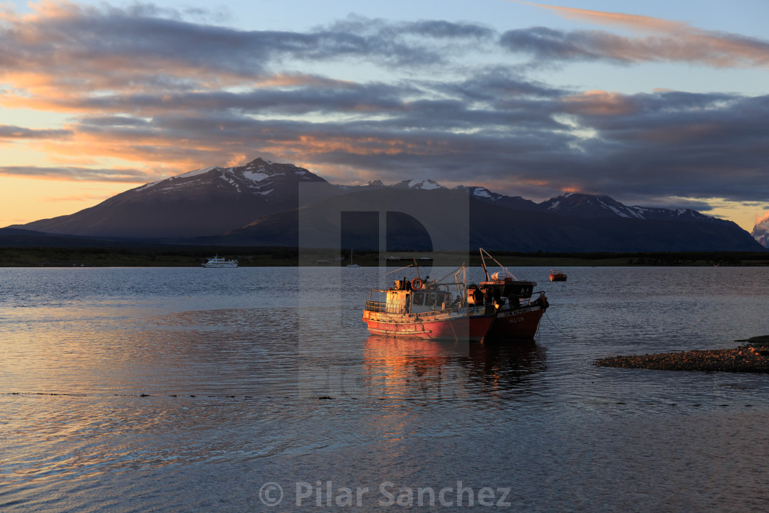 "Sunset, Puerto Natales waterfront, Patagonia, Chile" stock image