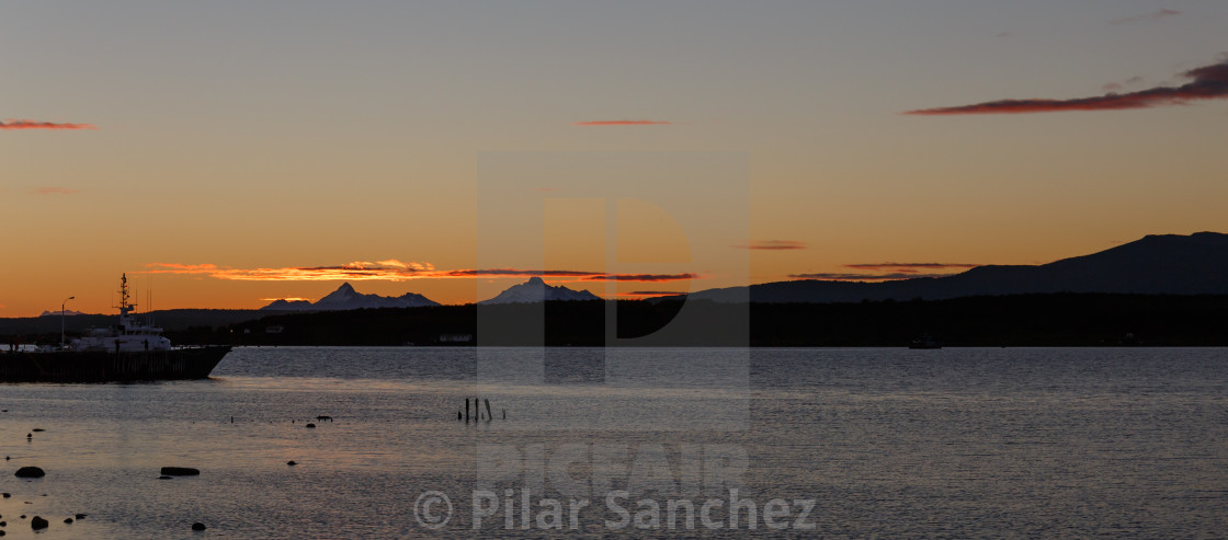 "Sunset, Puerto Natales waterfront, Patagonia, Chile" stock image