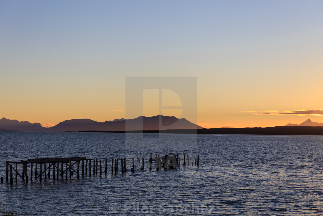 "Sunset, Puerto Natales waterfront, Patagonia, Chile" stock image