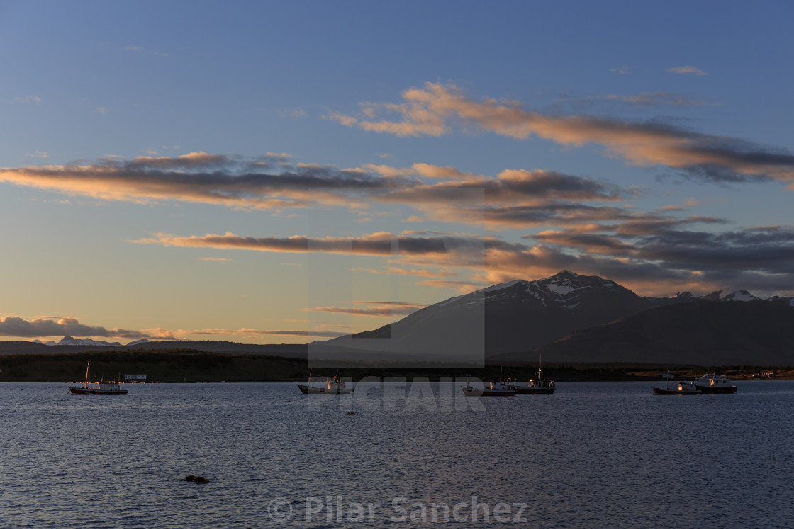 "Puerto Natales waterfront at dusk, Patagonia, Chile" stock image