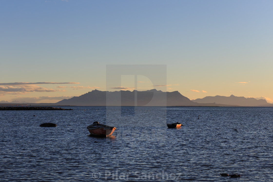 "Puerto Natales waterfront at dusk, Patagonia, Chile" stock image